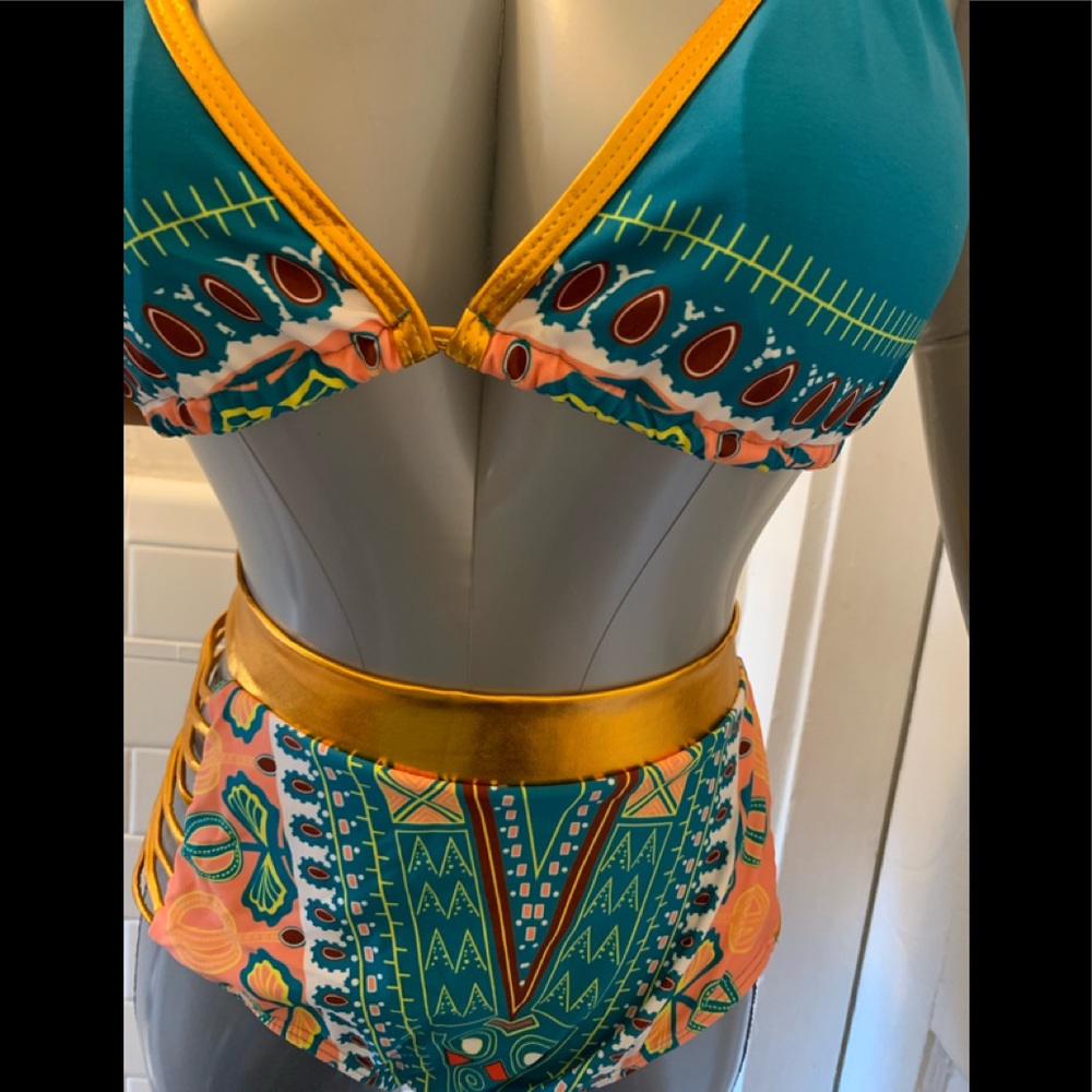 Two piece metallic bathing suit